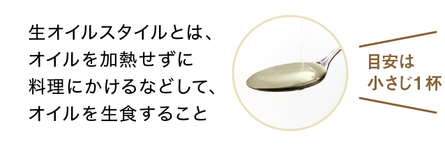 生オイルスタイルとは、
オイルを加熱ぜずに料理にかけるなどして、オイルに生食すること